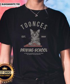 Alt Text: Awesome Cat Toonces The Driving School Est 1989 Ladies Tee featuring a playful cat design, perfect for cat lovers.