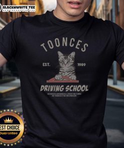 Awesome Cat Toonces T-Shirt featuring 'Driving School Est 1989' design, perfect for cat lovers and driving enthusiasts.
