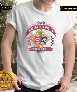 Alt Text: Awesome Cincinnati Reds vs Atlanta Braves 2025 MLB Speedway Classic Arch T-Shirt design featuring team logos.