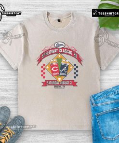Awesome Cincinnati Reds vs Atlanta Braves 2025 MLB Speedway Classic Arch Washed T-Shirt displayed on a hanger.