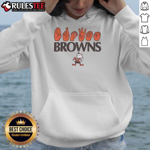 Alt Text: Youth in Cleveland Browns hoodie showing hand signals for love; perfect for fans of Awesome Cleveland Browns football.