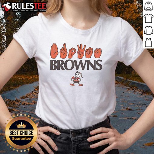 Awesome Cleveland Browns Football homage youth love sign with hand signals on a ladies tee shirt, perfect for fans.