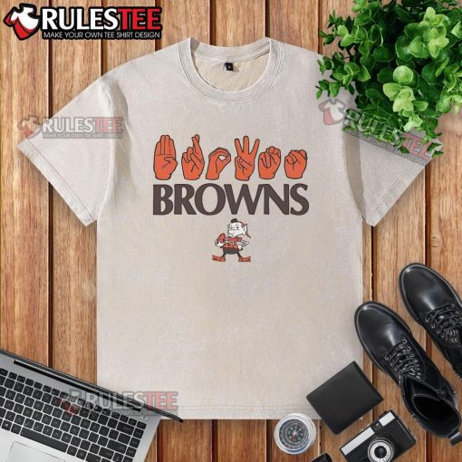 Awesome Cleveland Browns Football homage youth love sign hand signals on a washed t-shirt for fans and players.