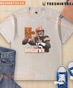 Alt Text: Cleveland Browns football fan wearing a washed t-shirt featuring 'Flacco Era' design, perfect for rugby enthusiasts.