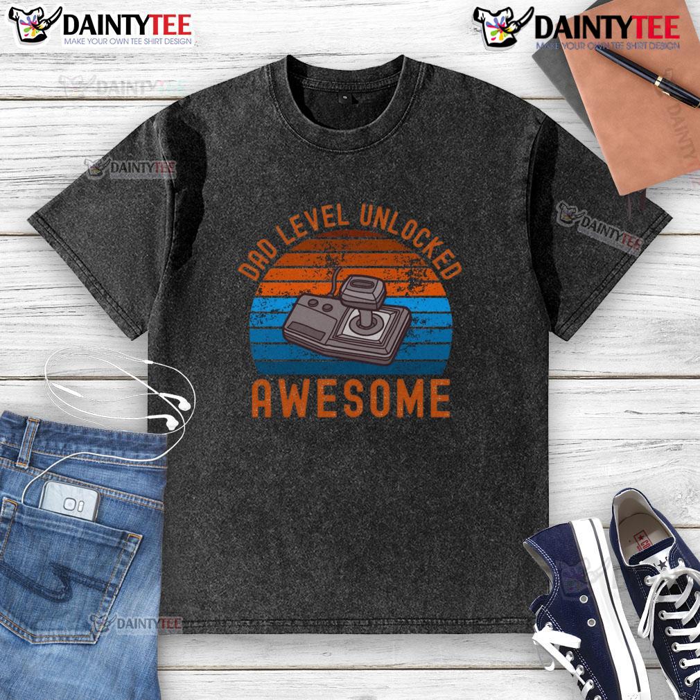 Awesome Dad Level Unlocked Retro Gamer Sunset Washed T Shirt
