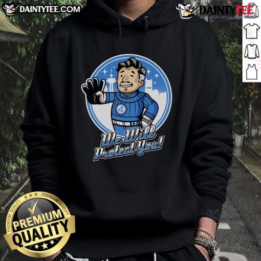 Awesome Fantastic 4 We Will Protect You Hoodie featuring vibrant graphics and a cozy design, perfect for superhero fans.