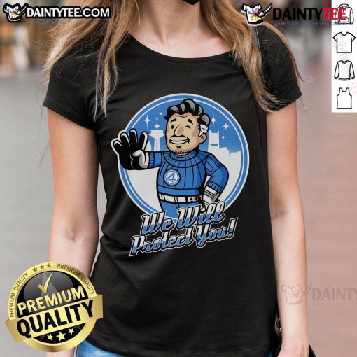 Awesome Fantastic 4 We Will Protect You Ladies Tee featuring vibrant graphics and comfortable fit for superhero fans.