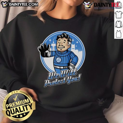 Awesome Fantastic 4 We Will Protect You Sweatshirt featuring vibrant design and comfortable fit for superhero fans.