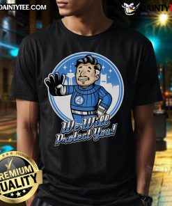 Alt Text: Awesome Fantastic 4 We Will Protect You T-Shirt featuring iconic superhero graphics and vibrant colors.