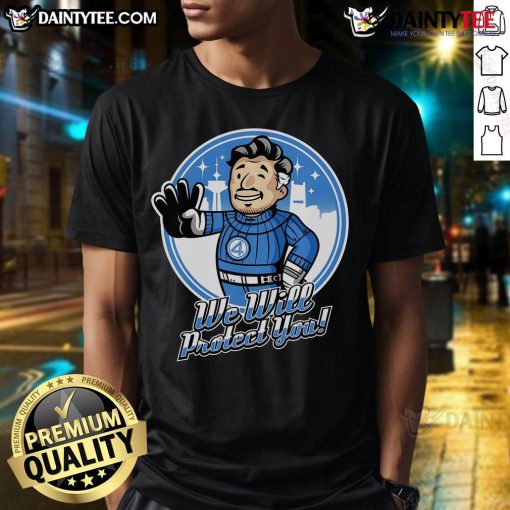 Alt Text: Awesome Fantastic 4 We Will Protect You T-Shirt featuring iconic superhero graphics and vibrant colors.