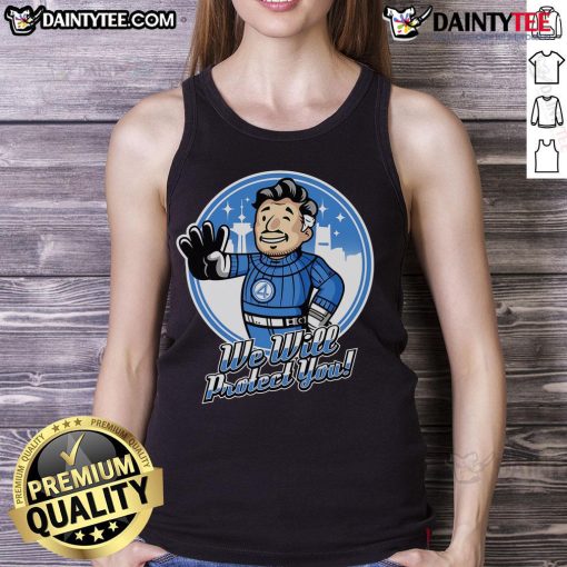 Awesome Fantastic 4 We Will Protect You Tank Top featuring vibrant graphic design, perfect for superhero fans.