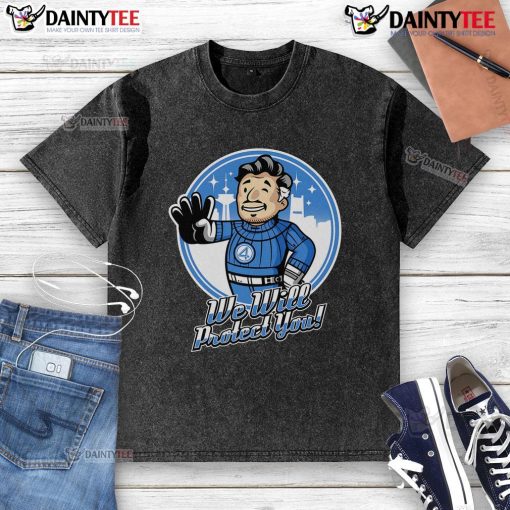 Awesome Fantastic 4 We Will Protect You washed t-shirt featuring a bold graphic design and vibrant colors.
