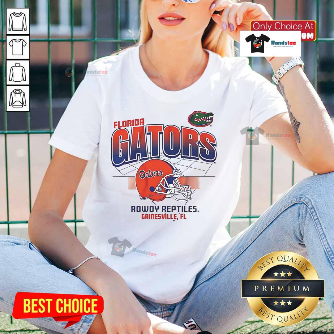 Awesome Florida Gators Football Helmet Grid Rowdy Reptiles Ladies Tee Awesome Florida Gators football helmet graphic on a stylish Rowdy Reptiles ladies tee shirt.