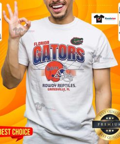 Alt Text: Awesome Florida Gators Football Helmet Grid Rowdy Reptiles T-Shirt featuring vibrant team colors and logo design.