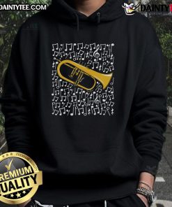 Alt Text: Brass musician wearing hoodie plays an awesome flugelhorn, surrounded by musical notes in a vibrant setting.