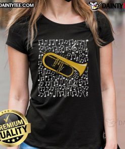 Brass musician playing an awesome flugelhorn, surrounded by musical notes, perfect for ladies' tee designs.