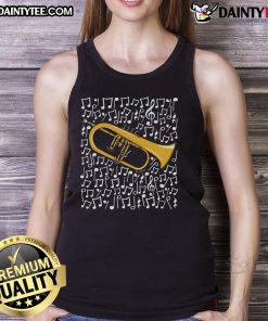 Brass musician in a tank top playing an awesome flugelhorn with musical notes in the background.