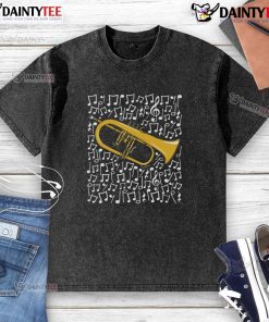 Brass musician playing an awesome flugelhorn with musical notes on a stylish washed t-shirt.