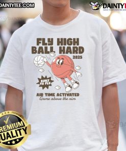 Awesome Fly High Ball Hard Basketball Cartoon T-Shirt featuring a vibrant graphic of a basketball in action.