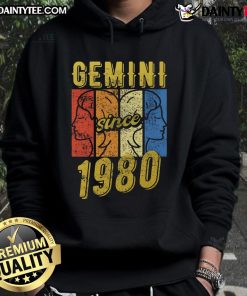Awesome Gemini Since 1980 retro hoodie featuring vibrant colors and zodiac design, perfect for astrology fans.