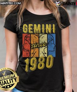 Awesome Gemini Since 1980 retro ladies tee featuring vibrant zodiac design and comfortable fit for astrology fans.