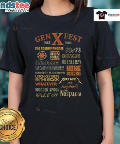 Awesome Gen X Fest 1965-1980 retro 80s nostalgia ladies tee featuring vibrant colors and iconic retro designs.