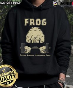 Awesome Gym Frog flexing in a hoodie showcasing outrageous gains and fitness routines for gym enthusiasts.