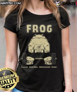 Fit frog flexing in gym, showcasing outrageous gains in ladies tee, perfect for fitness enthusiasts and gym lovers.