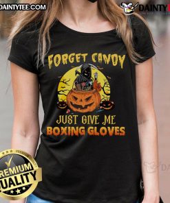 Alt Text: Awesome Halloween Grim Reaper tee for ladies: 'Forget Candy, Just Give Me Boxing Gloves' design.