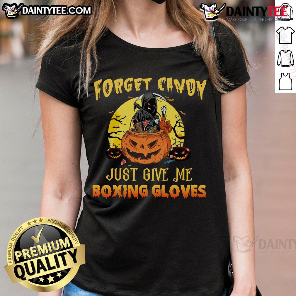 Awesome Halloween Grim Reaper Forget Candy Just Give Me Boxing Gloves Ladies-Tee Alt Text: Awesome Halloween Grim Reaper tee for ladies: 'Forget Candy, Just Give Me Boxing Gloves' design.
