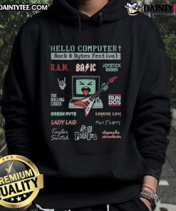 Alt Text: Awesome Hello Computer Rock Bytes Festival Hoodie featuring vibrant graphics and a comfortable fit for tech enthusiasts.