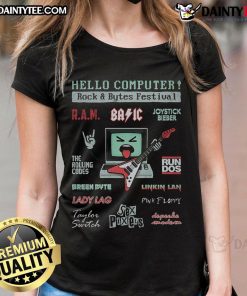 Stylish ladies' tee from Awesome Hello Computer Rock Bytes Festival featuring vibrant graphic design and festival theme.