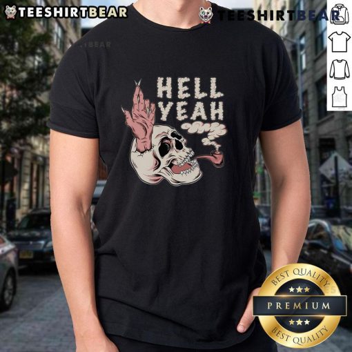 Alt Text: Awesome Hellyeah Smoking Skull T-Shirt featuring a bold skull graphic with smoke effects, perfect for rock fans.
