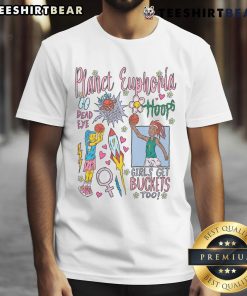 Awesome Hoops Girls Get Buckets Too Basketball T-Shirt featuring a stylish design for young female athletes.