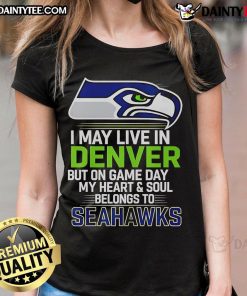 Seattle Seahawks ladies tee celebrating fandom with Denver backdrop, perfect for game day spirit and style.