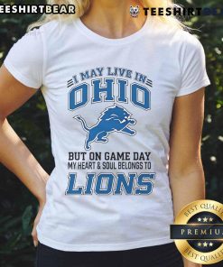 Alt Text: Ladies tee for Detroit Lions fans, showcasing pride with 'I may live in Ohio but my heart belongs to Detroit' slogan.