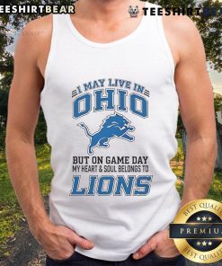 Ohio fan in Detroit Lions tank top, showcasing team spirit on game day with vibrant colors and bold design.
