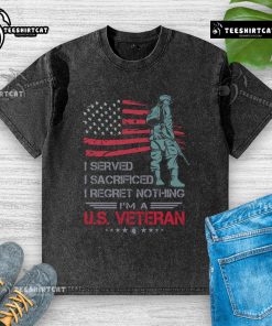 Alt Text: Awesome I Served I Sacrificed I Regret Nothing I'm A U.S. Veteran washed t-shirt showcasing veteran pride.