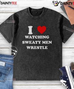 Awesome I Watching Sweaty Men Wrestle T-Shirt featuring a lively wrestling scene with muscular athletes in action.