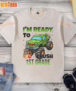 Child wearing an awesome 'I'm Ready to Crush 1st Grade' monster truck washed t-shirt, excited for school.