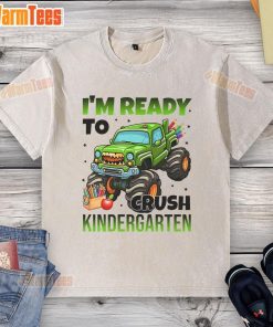 Kid wearing an 'I'm Ready to Crush Kindergarten' monster truck washed t-shirt, ready for school adventures.