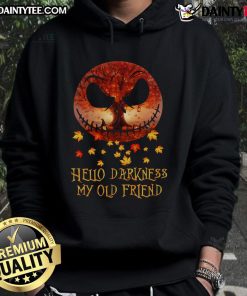 Awesome Jack Skellington hoodie featuring 'Hello Darkness My Old Friend' design, perfect for autumn and Halloween celebrations.
