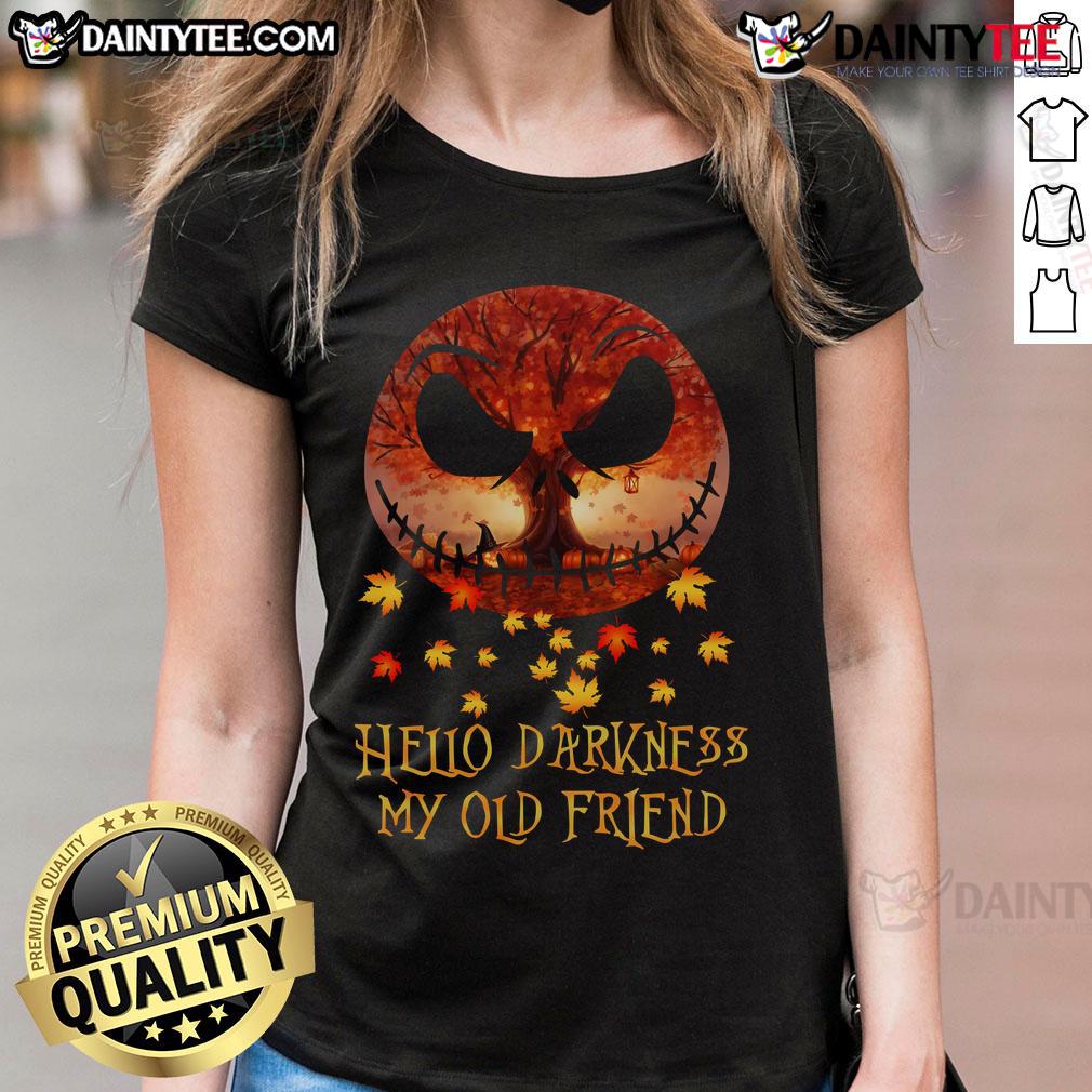 Awesome Jack Skellington Hello Darkness My Old Friend Autumn Halloween Ladies-Tee Awesome Jack Skellington 'Hello Darkness My Old Friend' autumn Halloween ladies tee, perfect for festive fall celebrations.
