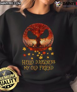 Awesome Jack Skellington Halloween sweatshirt featuring 'Hello Darkness My Old Friend' design, perfect for autumn festivities.