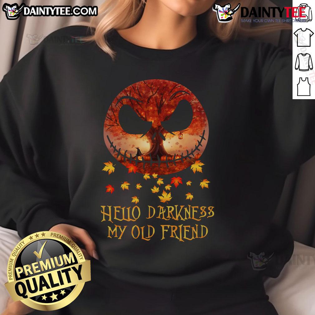 Awesome Jack Skellington Hello Darkness My Old Friend Autumn Halloween Sweatshirt Awesome Jack Skellington Halloween sweatshirt featuring 'Hello Darkness My Old Friend' design, perfect for autumn festivities.