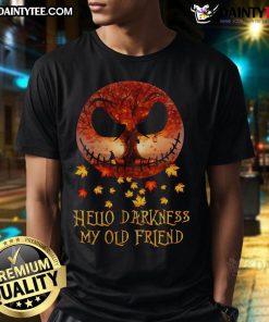 Awesome Jack Skellington Hello Darkness My Old Friend Autumn Halloween T-Shirt featuring a spooky design for Halloween lovers.