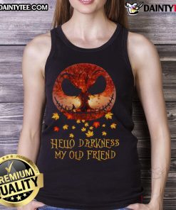 Awesome Jack Skellington tank top featuring 'Hello Darkness My Old Friend' design, perfect for autumn Halloween festivities.