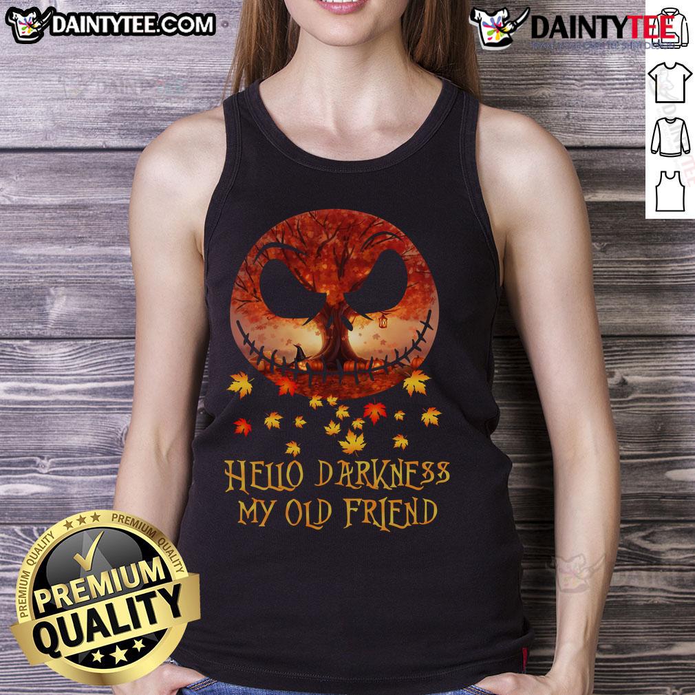 Awesome Jack Skellington Hello Darkness My Old Friend Autumn Halloween Tank Top Awesome Jack Skellington tank top featuring 'Hello Darkness My Old Friend' design, perfect for autumn Halloween festivities.