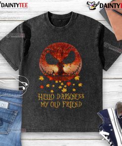 Awesome Jack Skellington 'Hello Darkness My Old Friend' autumn Halloween washed t-shirt displayed on a hanger.