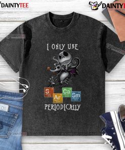 Awesome Jack Skellington 'I Only Use Sarcasm Periodically' Halloween chemistry t-shirt for spooky season fun.